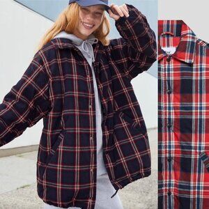 Aritzia Tna Coaches Jacket Oversized Down Filled Flannel Puffer Jacket Red Plaid